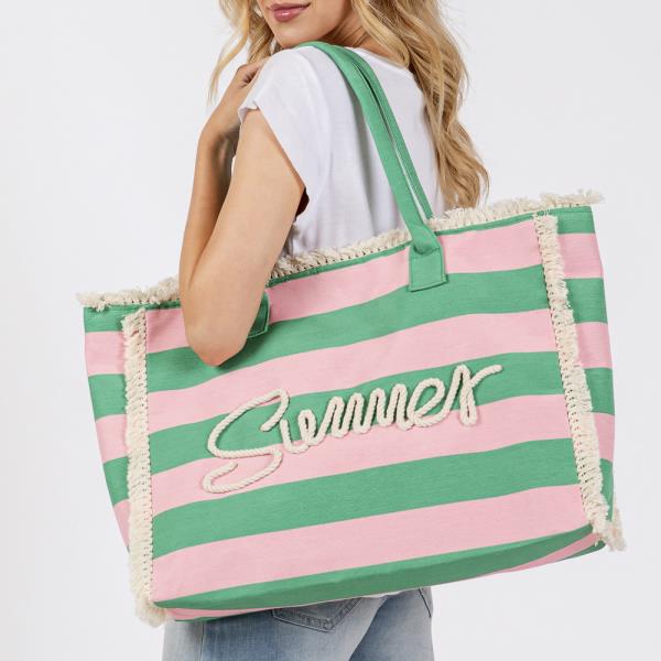 SEWN ROPE SUMMER LETTER FRINGE STRIPED TOTE BAG