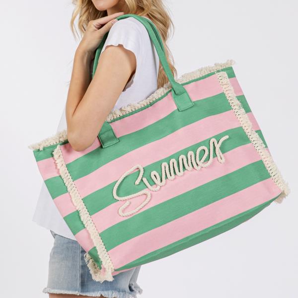 SEWN ROPE SUMMER LETTER FRINGE STRIPED TOTE BAG