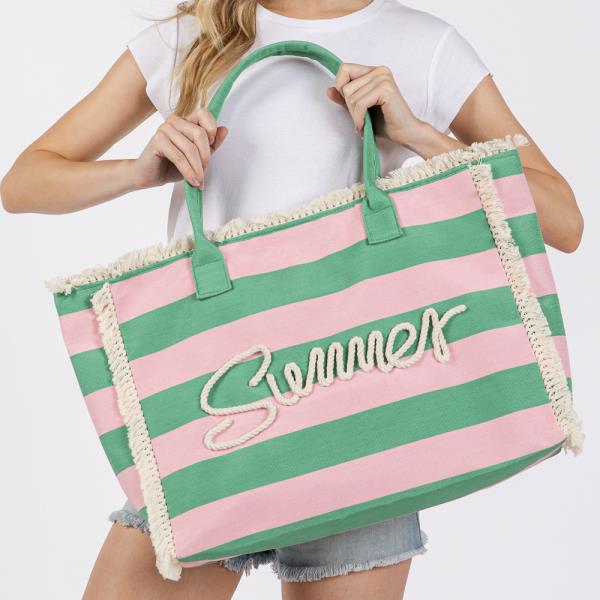 SEWN ROPE SUMMER LETTER FRINGE STRIPED TOTE BAG