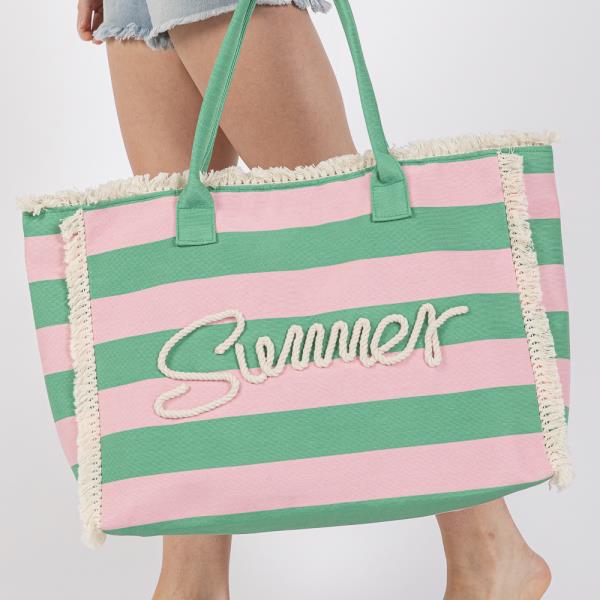 SEWN ROPE SUMMER LETTER FRINGE STRIPED TOTE BAG