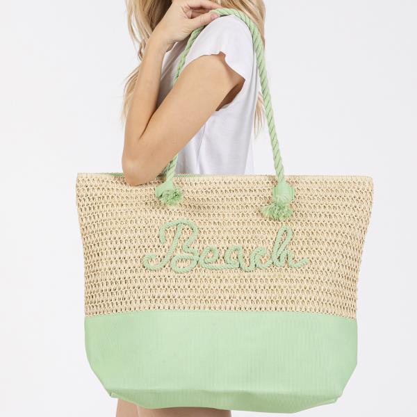 COLOR SEWN ROPE BEACH LETTER AND STRAP CROCHET, FABRIC TOTE BAG