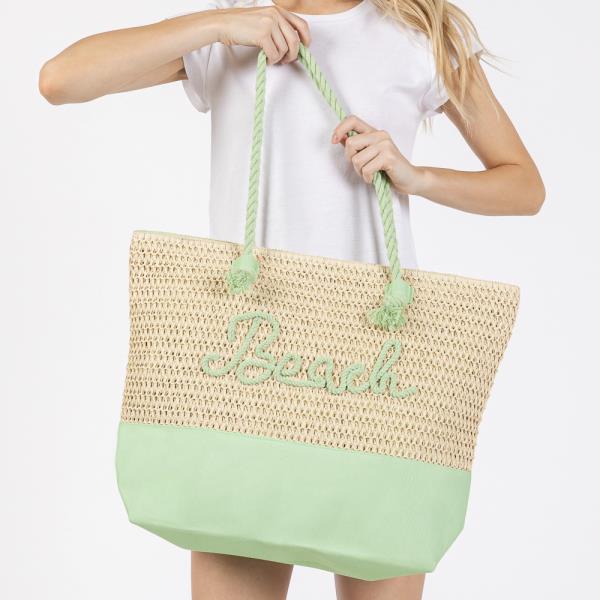 COLOR SEWN ROPE BEACH LETTER AND STRAP CROCHET, FABRIC TOTE BAG