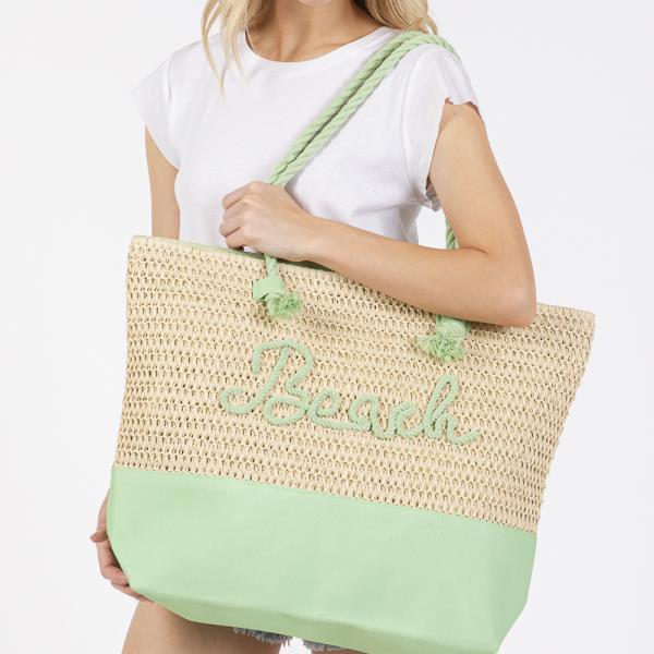 COLOR SEWN ROPE BEACH LETTER AND STRAP CROCHET, FABRIC TOTE BAG