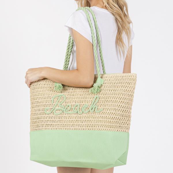 COLOR SEWN ROPE BEACH LETTER AND STRAP CROCHET, FABRIC TOTE BAG