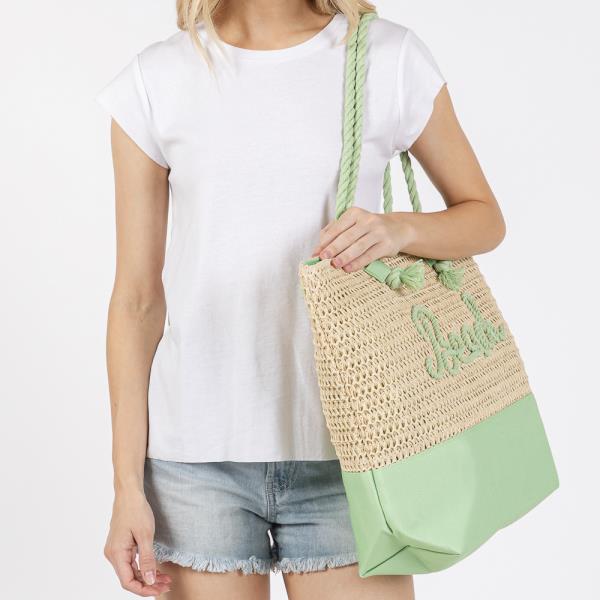 COLOR SEWN ROPE BEACH LETTER AND STRAP CROCHET, FABRIC TOTE BAG