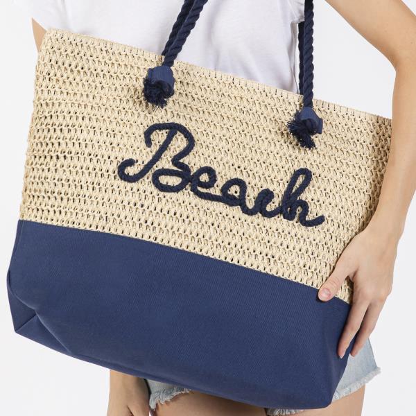 COLOR SEWN ROPE BEACH LETTER AND STRAP CROCHET, FABRIC TOTE BAG