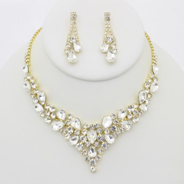 RHINESTONE TEARDROP V NECKLACE EARRING SET