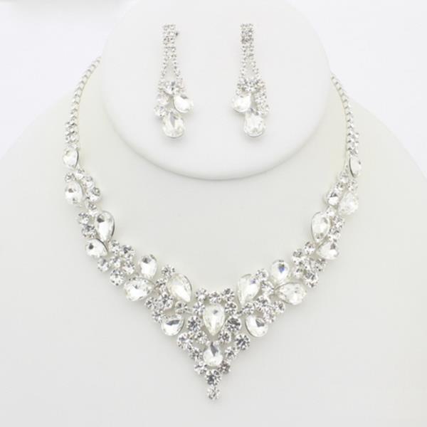 RHINESTONE TEARDROP V NECKLACE EARRING SET