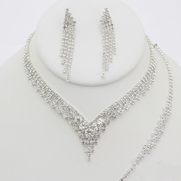 RHINESTONE V NECKLACE EARRING BRACELET SET