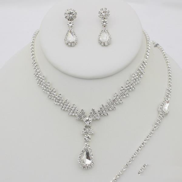 RHINESTONE TEARDROP NECKLACE EARRING BRACELET SET