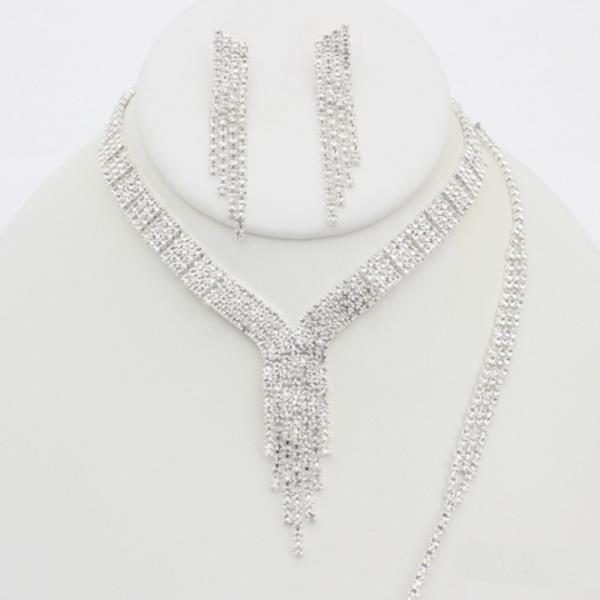 RHINESTONE V NECKLACE EARRING BRACELET SET