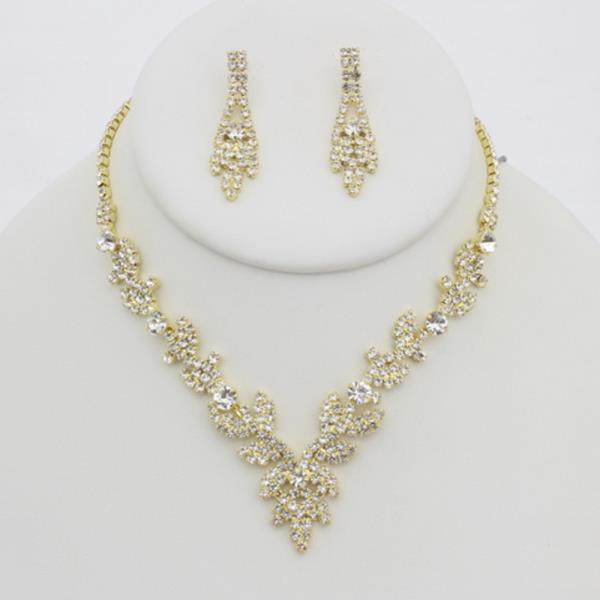 RHINESTONE V FLOWER NECKLACE EARRING SET