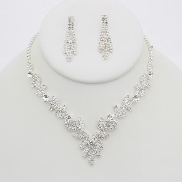 RHINESTONE V FLOWER NECKLACE EARRING SET