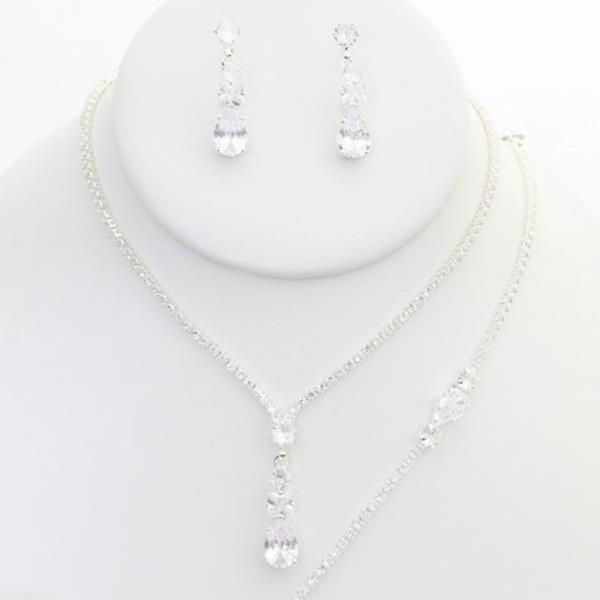 CZ RHINESTONE TEARDROP NECKLACE EARRING BRACELET SET