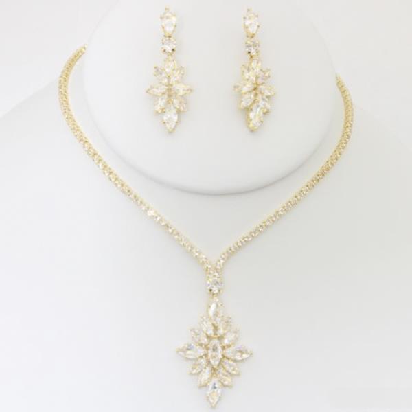 CZ RHINESTONE FLOWER NECKLACE EARRING SET