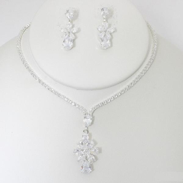 CZ RHINESTONE FLOWER PENDANT NECKLACE EARRING SET