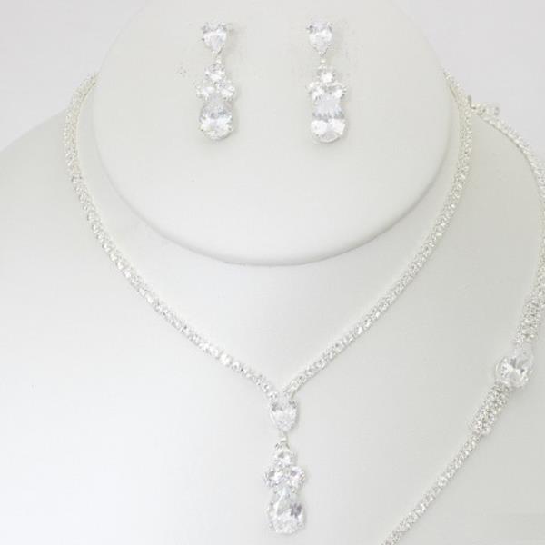 CZ RHINESTONE TEARDROP NECKLACE EARRING BRACELET SET