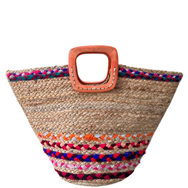 MULTI COLOR STRIPE WOVEN HANDLE TOTE BAG