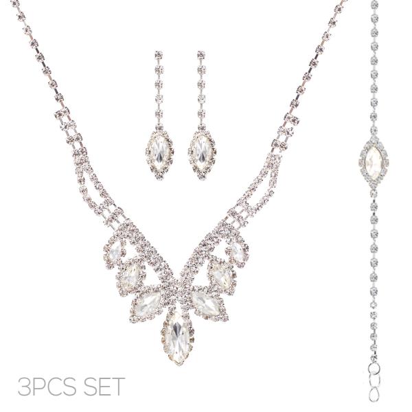 RHINESTONE MARQUISE 3 PC NECKLACE EARRING BRACELET SET