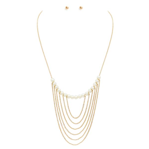 PEARL BEAD LAYERED METAL NECKLACE