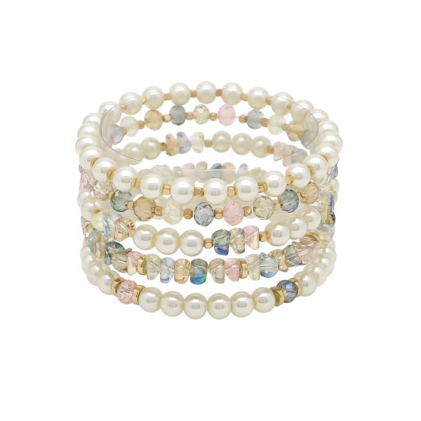 5 ROW PEARL GLASS STONE BEADED BRACELET SET