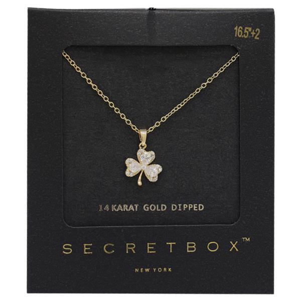 SECRET BOX 14K GOLD DIPPED CLOVER SHAPED CZ NECKLACE