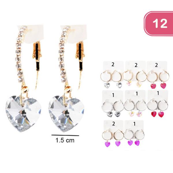 RHINESTONE HEART DANGLE HOOP EARRING (12 UNITS)