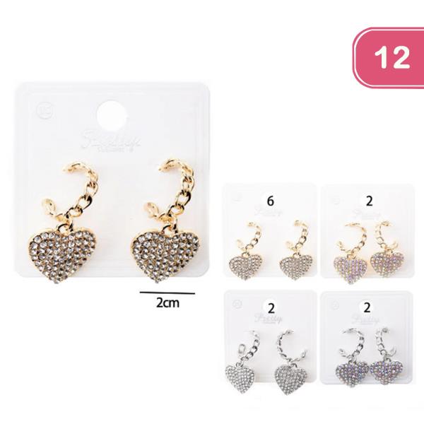 RHINESTONE HEART DANGLE LINK HUGGIE EARRING (12 UNITS)