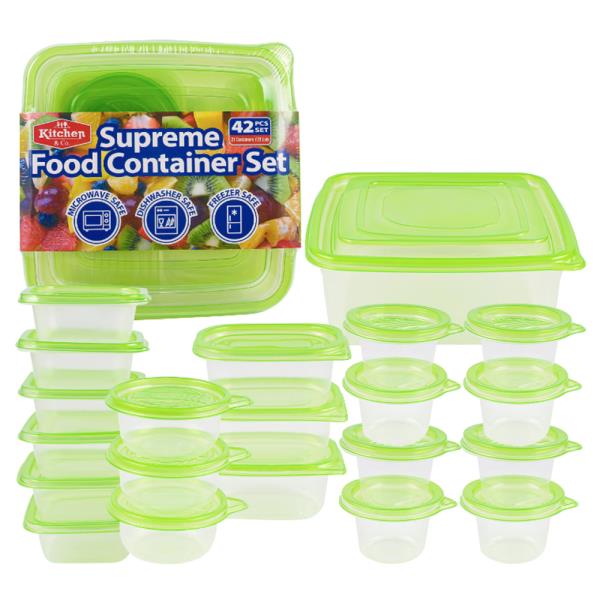 42 PIECE CLEAR CONTAINER SET WITH GREEN LIDS