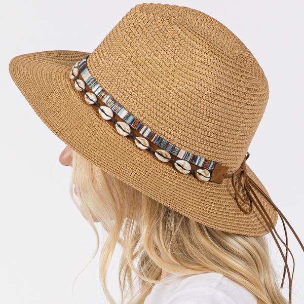 STRAW SUN HAT WITH SELL AND MULTI COLORED BAND