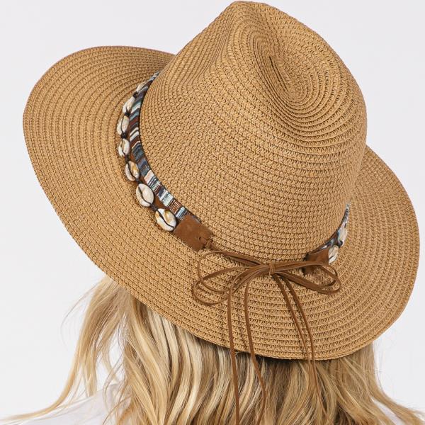 STRAW SUN HAT WITH SELL AND MULTI COLORED BAND