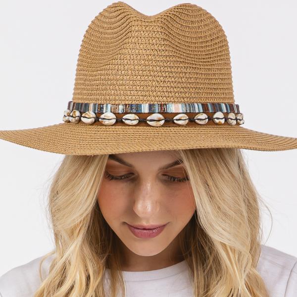 STRAW SUN HAT WITH SELL AND MULTI COLORED BAND