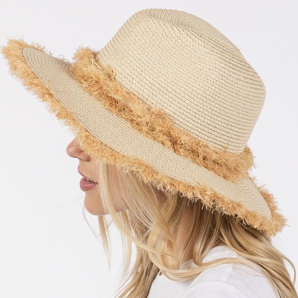 FRAYED BAND AND TRIM STRAW SUN HAT