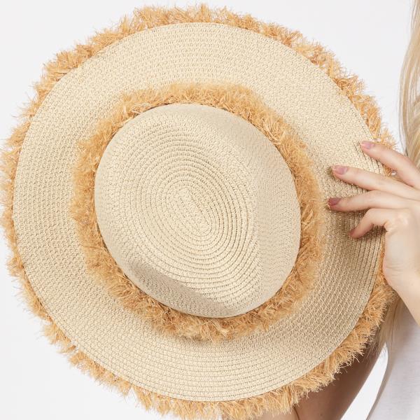 FRAYED BAND AND TRIM STRAW SUN HAT