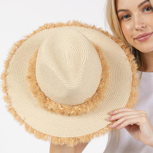 FRAYED BAND AND TRIM STRAW SUN HAT