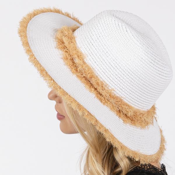 FRAYED BAND AND TRIM STRAW SUN HAT