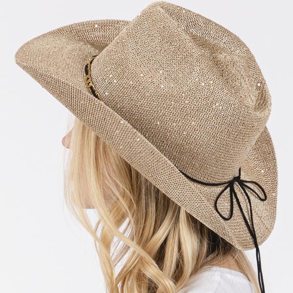 SEQUIN COWBOY HAT WITH METAL CHAIN SUEDE STRING BAND