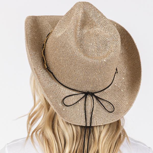 SEQUIN COWBOY HAT WITH METAL CHAIN SUEDE STRING BAND