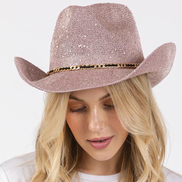 SEQUIN COWBOY HAT WITH METAL CHAIN SUEDE STRING BAND