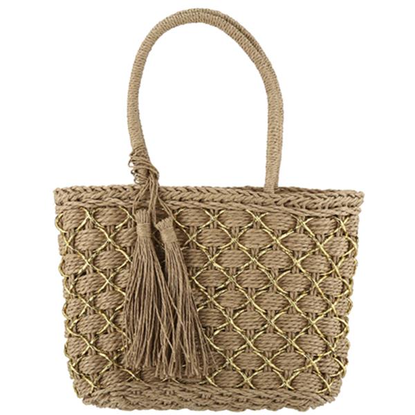 WOVEN TASSEL HANDLE TOTE BAG