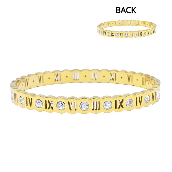 STAINLESS STEEL ROMAN NUMERALS RHINESTONE HINGED BANGLE BRACELET