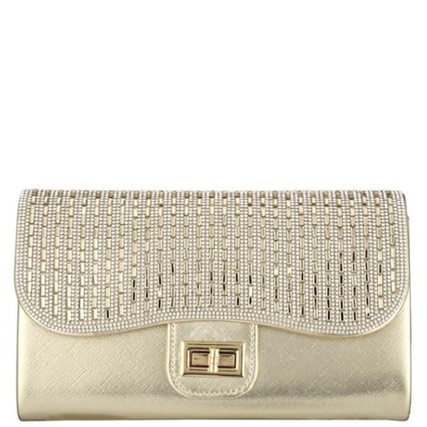 RHINESTONE TWIST LOCK FLAP CLUTCH BAG