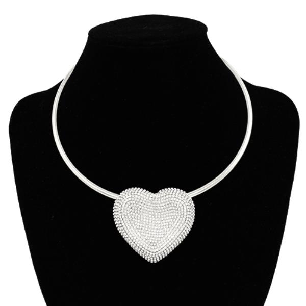 METAL CHUNKY RHINESTONE HEART PENDANT NECKLACE EARRING SET