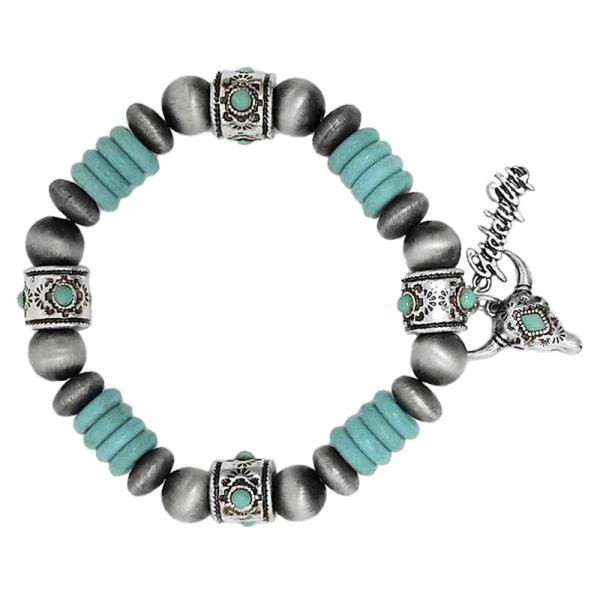 WESTERN NAVAJO TQ BEAD STEER HEAD CHARM BRACELET