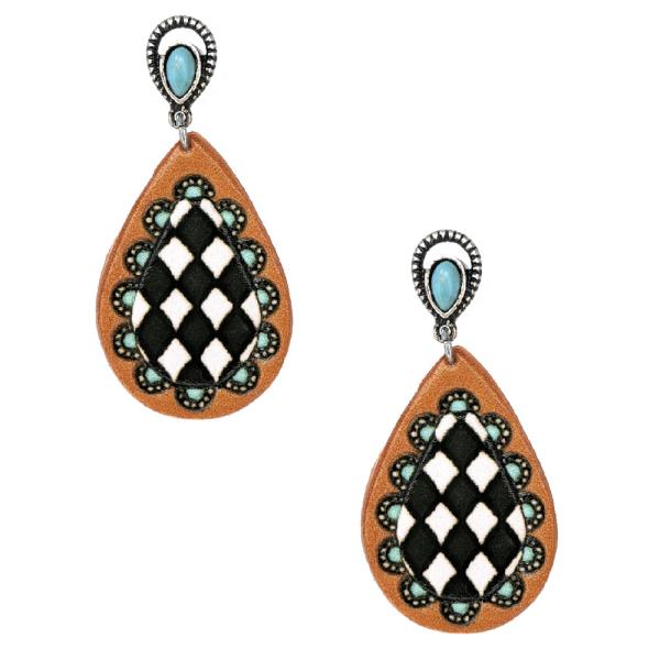 WESTERN TOOLED CHECK TQ STONE POST EARRING