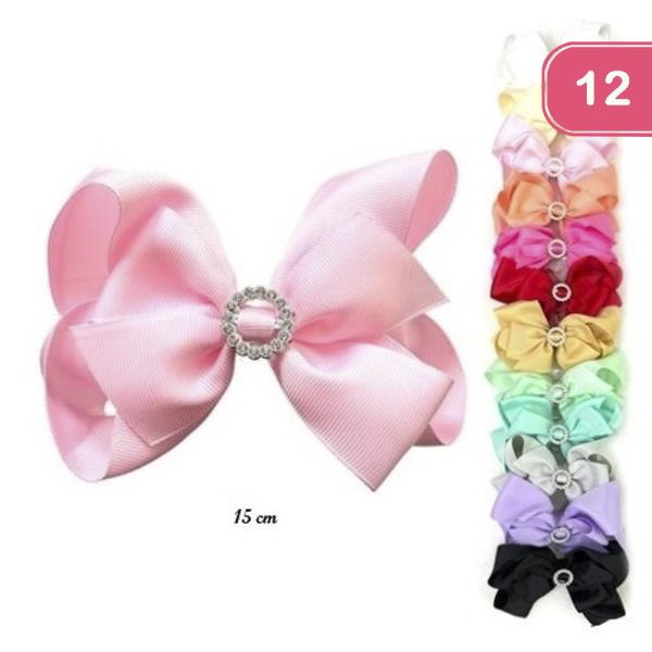 RHINESTONE ROUND RIBBON HAIR BOW PIN (12 UNITS)