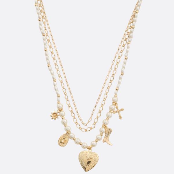 HEART LOCKET MULTI CHARM PEARL BEAD LAYERED NECKLACE