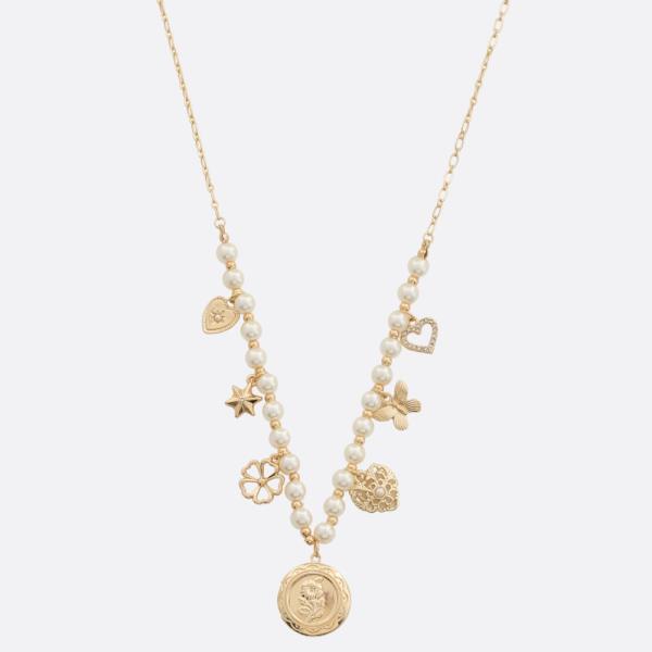 FLORAL COIN HEART CHARM PEARL BEAD NECKLACE