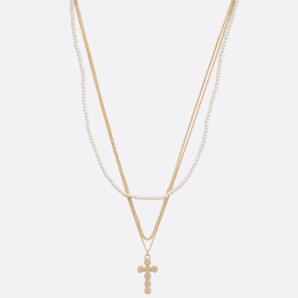 PEARL CROSS CHARM PEARL BEAD LAYERED NECKLACE