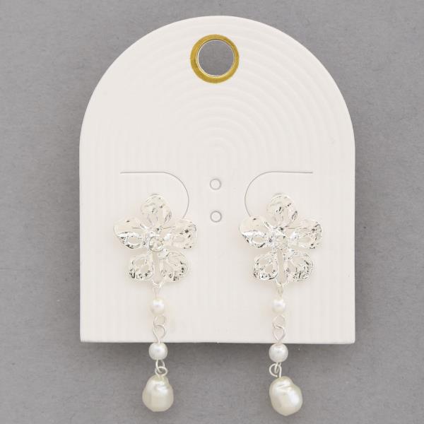 METAL FLOWER STUD PEARL DROP EARRING